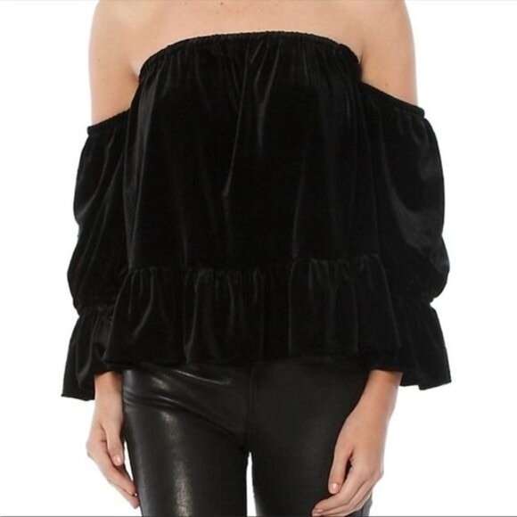 MISA Los Angeles Black Velvet Off Shoulder Blouse Ruffle XSmall - Picture 1 of 8